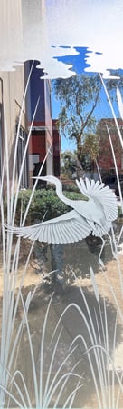 Door Glass Insert showcasing a Frosted Glass Wildlife Design with Sandblast Etched Glass Art by Sans Soucie Swooping Egret Design