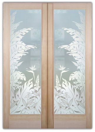 Bathroom Door with a sandblast Frosted Glass Tropical Design Custom-Designed Decorative Etched Glass