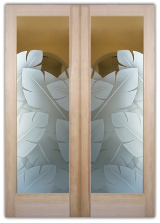 Pantry Door featuring a Frosted Glass Tropical Design Sandblast Etched Glass Banana Leaves Design by Sans Soucie