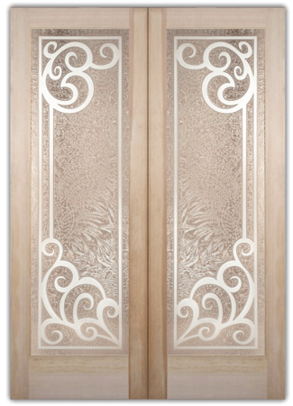 Pantry Door featuring Frosted Glass Design Etched Glass by Sans Soucie Art Glass with Custom Wrought Iron Design Concorde