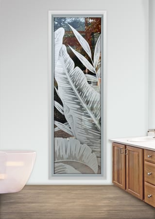 Window with a sandblast Frosted Glass Tropical Design Custom-Designed Decorative Etched Glass