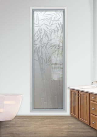 Window showcasing a Frosted Glass Asian Design with Sandblast Etched Glass Art by Sans Soucie Bamboo Shoots III Design