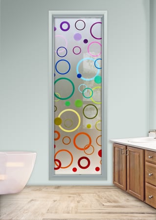 Window showcasing a Frosted Glass Geometric Design with Sandblast Etched Glass Art by Sans Soucie Circularity Design