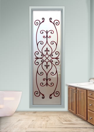 Window showcasing a Frosted Glass Wrought Iron Design with Sandblast Etched Glass Art by Sans Soucie Corazones Burgundy Design