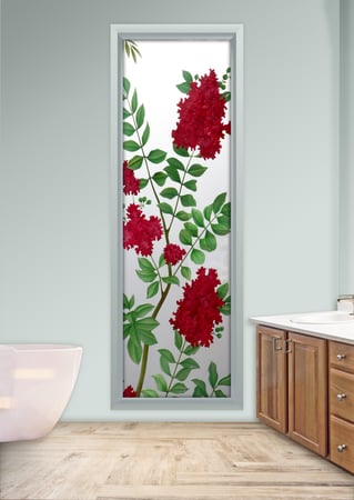 Window featuring a Frosted Glass Floral Design Sandblast Etched Glass Crepe Mertyl Design by Sans Soucie