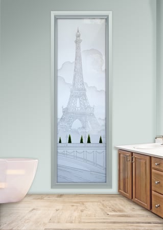 Window with a sandblast Frosted Glass Landscapes Design Custom-Designed Decorative Etched Glass