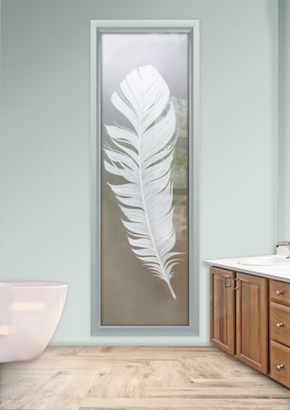 Window featuring a Frosted Glass Foliage Design Sandblast Etched Glass Feather Design by Sans Soucie