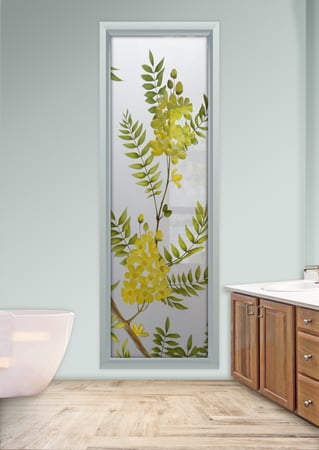 Window featuring Frosted Glass Design Etched Glass by Sans Soucie Art Glass with Custom Floral Design Gold Medallion