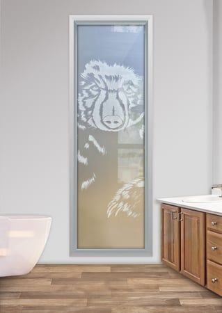 Window showcasing a Frosted Glass Wildlife Design with Sandblast Etched Glass Art by Sans Soucie Grizzly Design