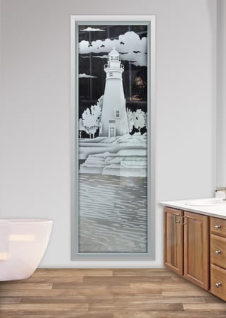 Window with Frosted Glass Oceanic Marblehead Lighthouse Design by Sans Soucie