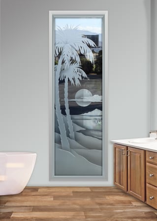 Window showcasing a Frosted Glass Palm Trees Design with Sandblast Etched Glass Art by Sans Soucie Palm Sunset Waves Design