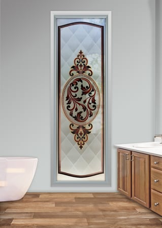 Window showcasing a Frosted Glass Traditional Design with Sandblast Etched Glass Art by Sans Soucie Royal Filigree Design