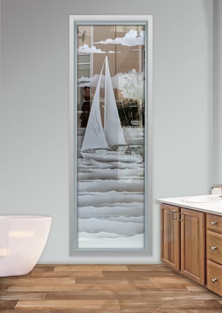Window featuring a Frosted Glass Oceanic Design Sandblast Etched Glass Setting Sail Design by Sans Soucie