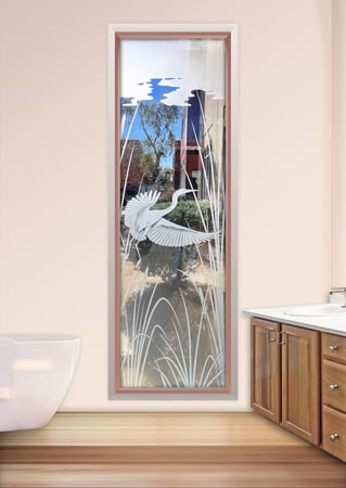Window showcasing a Frosted Glass Wildlife Design with Sandblast Etched Glass Art by Sans Soucie Swooping Egret Design