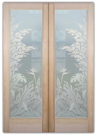 Pantry Door with a sandblast Frosted Glass Tropical Design Custom-Designed Decorative Etched Glass