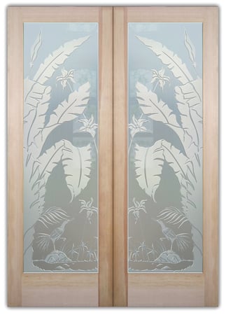 Pantry Door featuring a Frosted Glass Tropical Design Sandblast Etched Glass Natural Wonders Design by Sans Soucie
