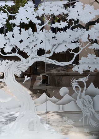 Partition with a Frosted Glass Bonsai Cranes & Cattails Asian Design for Semi-Private by Sans Soucie Art Glass