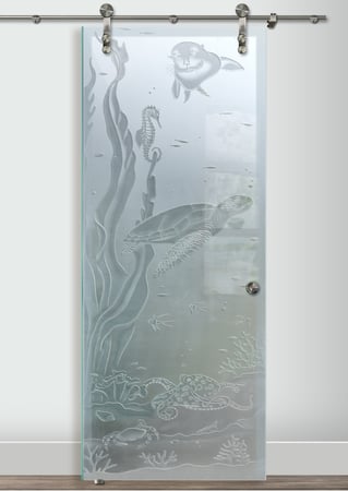 Glass Barn Door with a Frosted Glass Aquarium Sea Life Wildlife Design for Private by Sans Soucie Art Glass