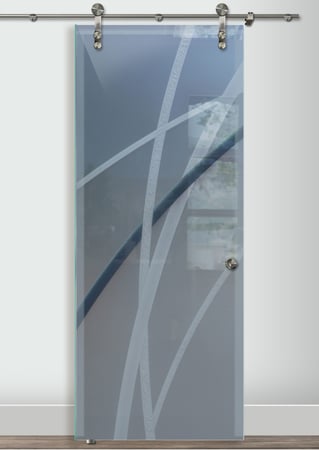 Glass Barn Door showcasing a Frosted Glass Geometric Design with Sandblast Etched Glass Art by Sans Soucie Arcos Design