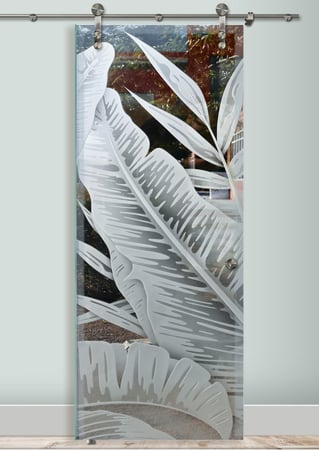 Glass Barn Door with a sandblast Frosted Glass Tropical Design Custom-Designed Decorative Etched Glass