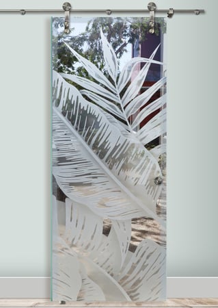 Glass Barn Door with a Frosted Glass Bahama Leaves III Tropical Design for Semi-Private by Sans Soucie Art Glass