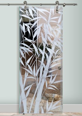 Glass Barn Door with a Frosted Glass Bamboo Shoots IV Asian Design for Semi-Private by Sans Soucie Art Glass