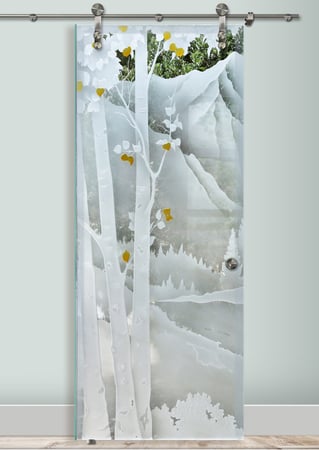 Glass Barn Door featuring a Frosted Glass Trees Design Sandblast Etched Glass Birch in the Rockies Design by Sans Soucie