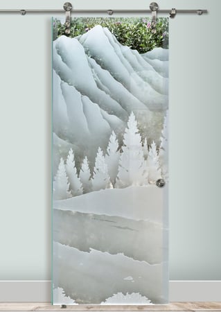 Glass Barn Door featuring Frosted Glass Design Etched Glass by Sans Soucie Art Glass with Custom Landscapes Design The Rockies