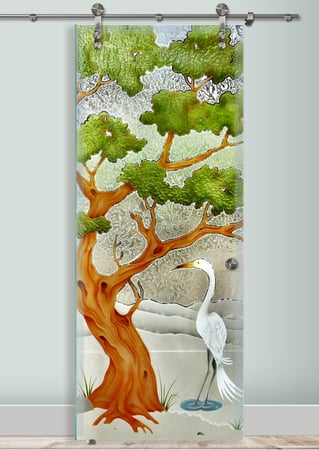 Glass Barn Door showcasing a Frosted Glass Asian Design with Sandblast Etched Glass Art by Sans Soucie Bonsai Egret Design