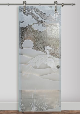 Glass Barn Door with a sandblast Frosted Glass Asian Design Custom-Designed Decorative Etched Glass