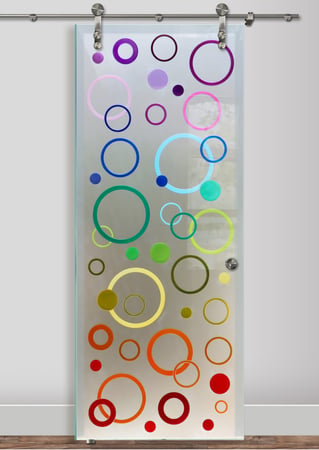 Glass Barn Door showcasing a Frosted Glass Geometric Design with Sandblast Etched Glass Art by Sans Soucie Circularity Design