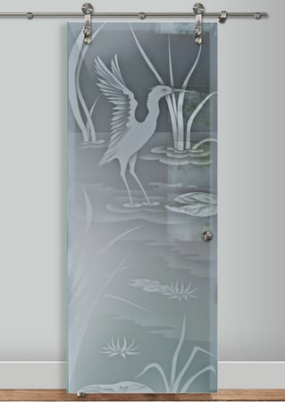 Glass Barn Door showcasing a Frosted Glass Wildlife Design with Sandblast Etched Glass Art by Sans Soucie Cranes A Design