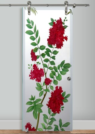 Glass Barn Door featuring a Frosted Glass Floral Design Sandblast Etched Glass Crepe Mertyl Design by Sans Soucie