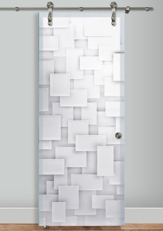 Glass Barn Door showcasing a Frosted Glass Geometric Design with Sandblast Etched Glass Art by Sans Soucie Cubes Design