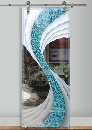 Glass Barn Door with Frosted Glass Abstract Cyclone Blue Design by Sans Soucie