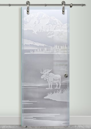 Glass Barn Door featuring a Frosted Glass Wildlife Design Sandblast Etched Glass Denali Moose Design by Sans Soucie