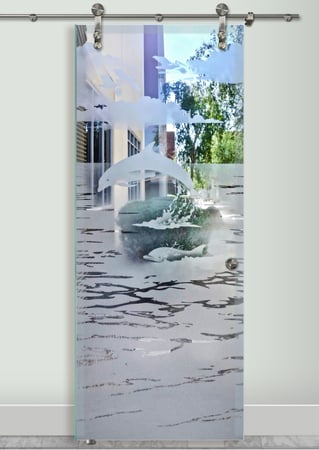 Glass Barn Door featuring Frosted Glass Design Etched Glass by Sans Soucie Art Glass with Custom Oceanic Design Dolphins in the Shimmer