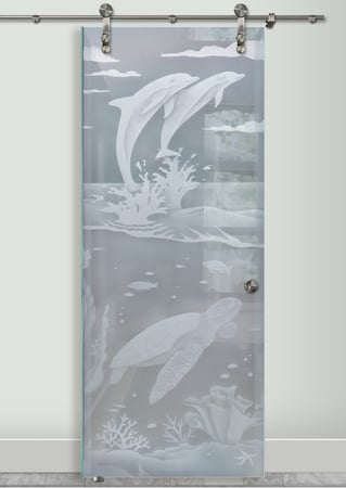 Glass Barn Door with a Frosted Glass Dolphins Leaping & Sea Turtle Oceanic Design for Private by Sans Soucie Art Glass