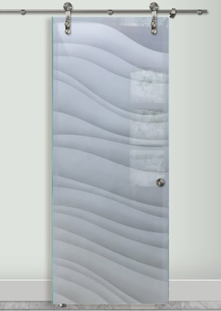 Glass Barn Door showcasing a Frosted Glass Abstract Design with Sandblast Etched Glass Art by Sans Soucie Dreamy Waves Design