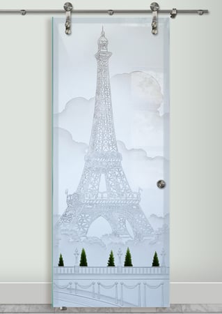 Glass Barn Door with a sandblast Frosted Glass Landscapes Design Custom-Designed Decorative Etched Glass