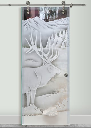 Glass Barn Door featuring Frosted Glass Design Etched Glass by Sans Soucie Art Glass with Custom Wildlife Design Elk