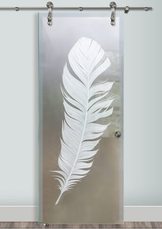 Glass Barn Door featuring a Frosted Glass Foliage Design Sandblast Etched Glass Feather Design by Sans Soucie