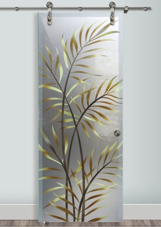Glass Barn Door with a sandblast Frosted Glass Tropical Design Custom-Designed Decorative Etched Glass