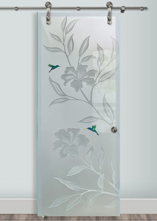 Glass Barn Door with a sandblast Frosted Glass Tropical Design Custom-Designed Decorative Etched Glass
