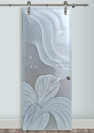 Glass Barn Door showcasing a Frosted Glass Tropical Design with Sandblast Etched Glass Art by Sans Soucie Hibiscus Ripples Design