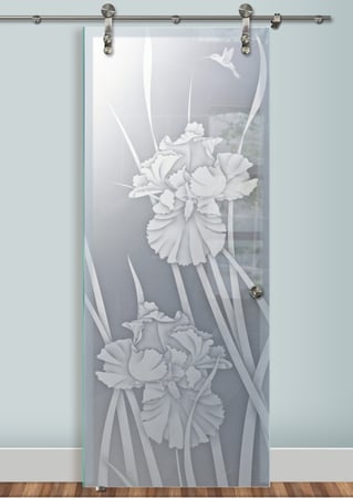 Glass Barn Door featuring a Frosted Glass Floral Design Sandblast Etched Glass Iris Hummingbird II Design by Sans Soucie