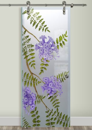 Glass Barn Door featuring Frosted Glass Design Etched Glass by Sans Soucie Art Glass with Custom Floral Design Jacaranda