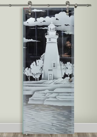Glass Barn Door with Frosted Glass Oceanic Marblehead Lighthouse Design by Sans Soucie