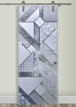 Glass Barn Door featuring Frosted Glass Design Etched Glass by Sans Soucie Art Glass with Custom Geometric Design Matrix