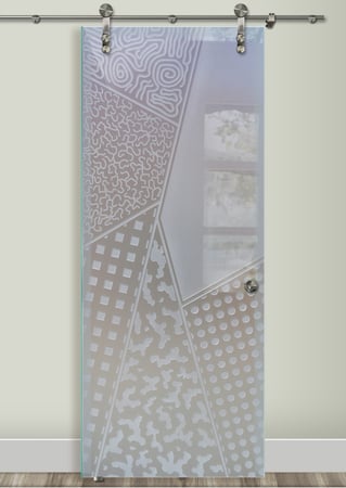 Glass Barn Door showcasing a Frosted Glass Geometric Design with Sandblast Etched Glass Art by Sans Soucie Matrix Angles Design